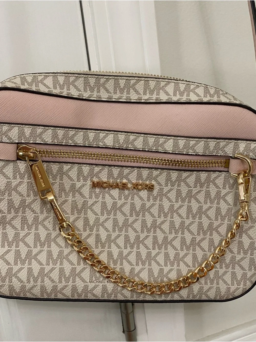 Michael Kors Beige Signature Crossbody with Pale Pink Trim